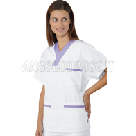 ISACCO CASACCA COLLO A V BIANCO+ LILLA UNISEX 100 % COTTON