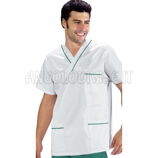 ISACCO CASACCA COLLO A V BIANCO+PROF. VERDE UNISEX 100 % COTTON