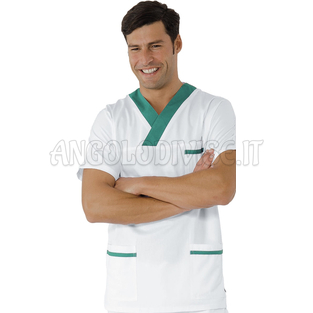 ISACCO CASACCA COLLO A V BIANCO+ VERDE UNISEX 100 % COTTON