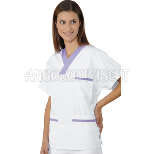 ISACCO CASACCA COLLO A V BIANCO+ LILLA UNISEX 100 % COTTON