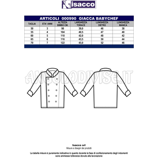 ISACCO GIACCA CUOCO BABYCHEF BIANCO 100 % COTTON