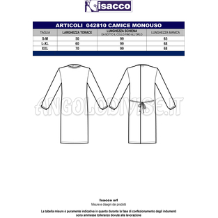ISACCO CAMICE MONOUSO UNISEX PROTECTION IN TESSUTO LAVABILE 65% POLYESTER  35% COTTON