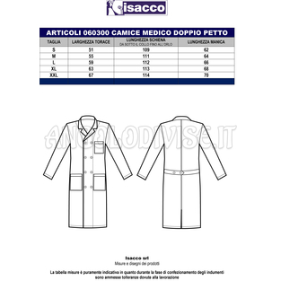 ISACCO CAMICE MEDICO DOPPIO PETTO BIANCO CM 110 100 % COTTON