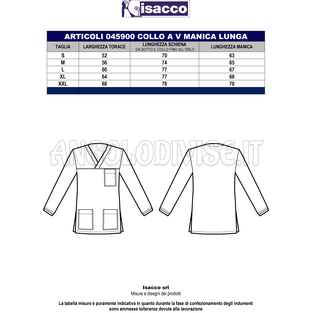 ISACCO CASACCA COLLO A V BLU M/LUNGA UNISEX 100 % COTTON
