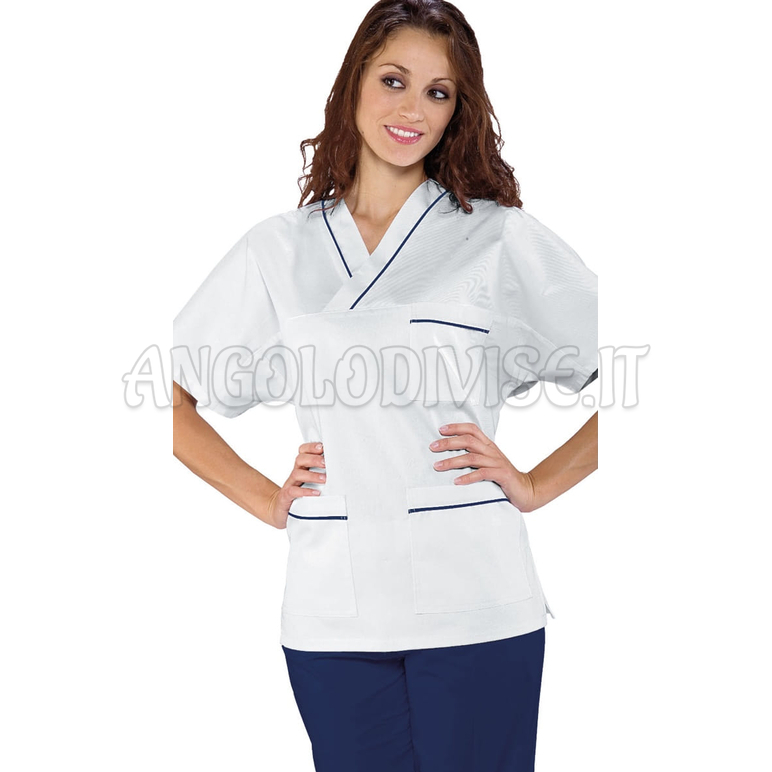 ISACCO CASACCA COLLO A V BIANCO+PROF. BLU UNISEX 100 % COTTON