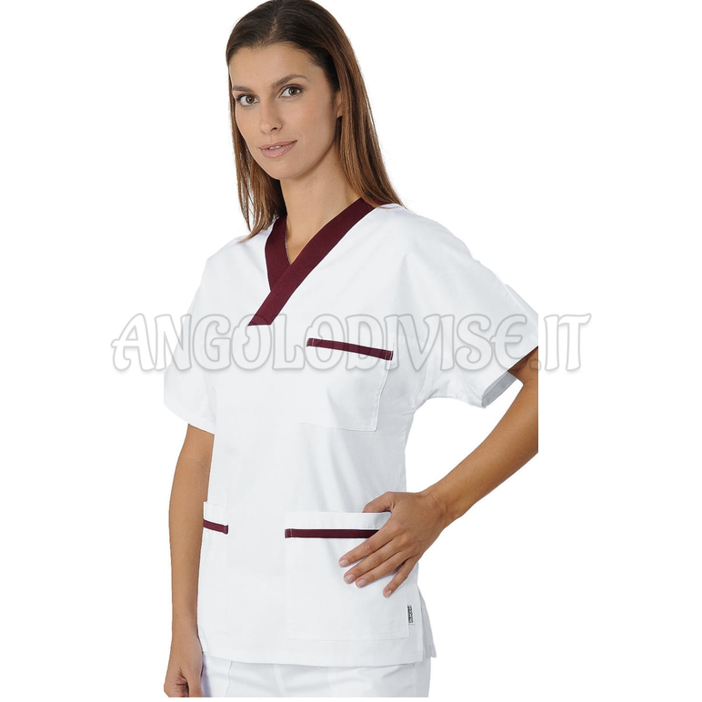ISACCO CASACCA COLLO A V BIANCO+ BORDEAUX UNISEX 100 % COTTON