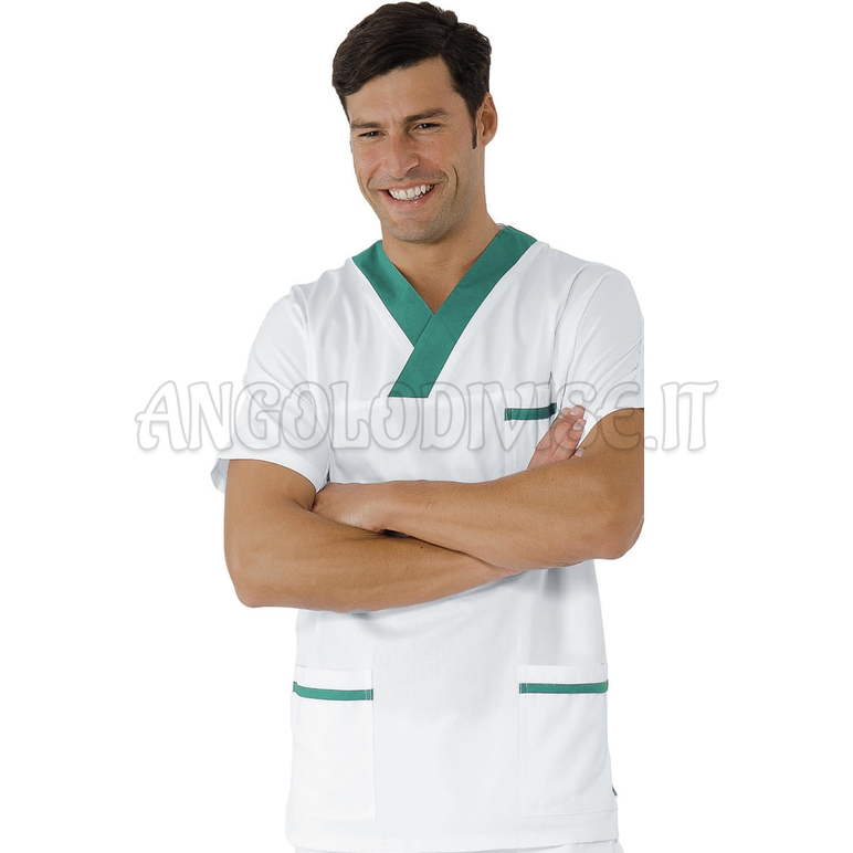 ISACCO CASACCA COLLO A V BIANCO+ VERDE UNISEX 100 % COTTON