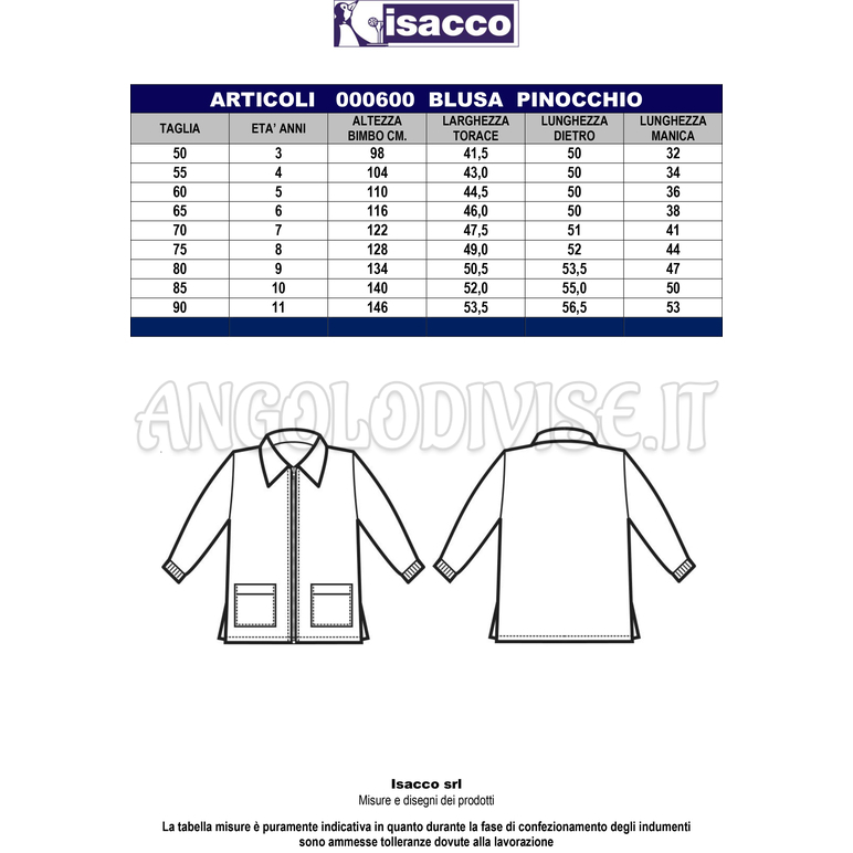 ISACCO BLUSA PINOCCHIO BLU 65% POLYESTER  35% COTTON