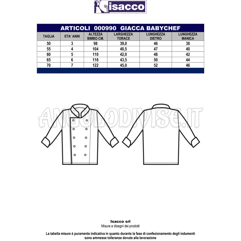 ISACCO GIACCA CUOCO BABYCHEF BIANCO 100 % COTTON