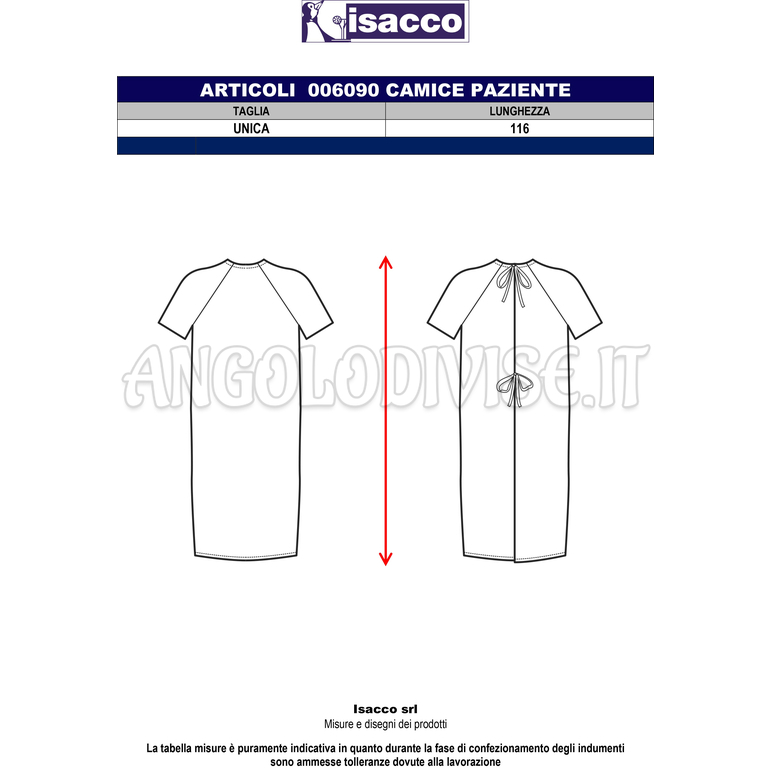 ISACCO CAMICE PAZIENTE CARTA DA ZUCCHERO 65% POLYESTER  35% COTTON