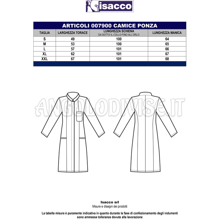 ISACCO CAMICE PONZA BIANCO 100 % COTTON
