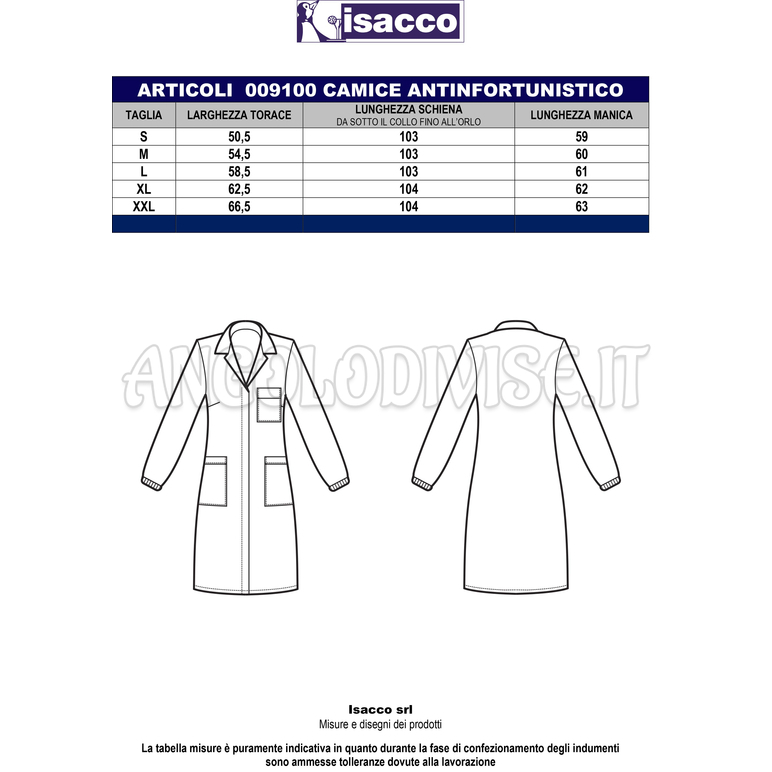 ISACCO CAMICE DONNA ANTINFORTUNISTICO BIANCO 65% POLYESTER  35% COTTON
