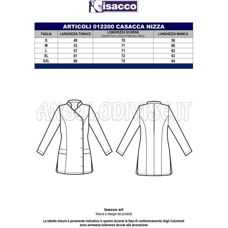ISACCO CASACCA NIZZA BIANCO 65% POLYESTER  35% COTTON