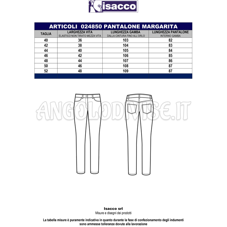 ISACCO PANTALONE MARGARITA BIANCO 97% COTTON  3% SPANDEX