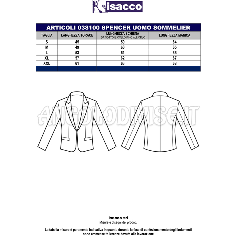 ISACCO SPENCER UOMO SOMMELIER FODERATO NERO 60% WOOL (LANA)  40% POLYESTER