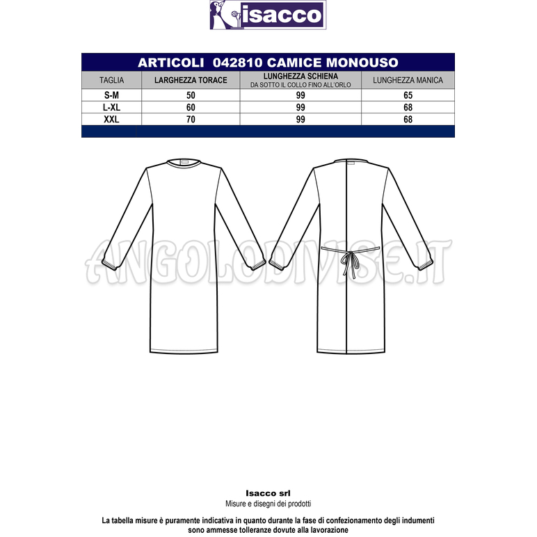 ISACCO CAMICE MONOUSO UNISEX PROTECTION IN TESSUTO LAVABILE 65% POLYESTER  35% COTTON