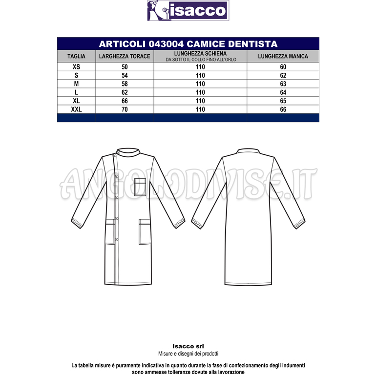 ISACCO CAMICE DENTISTA M/M BIANCO 100 % COTTON