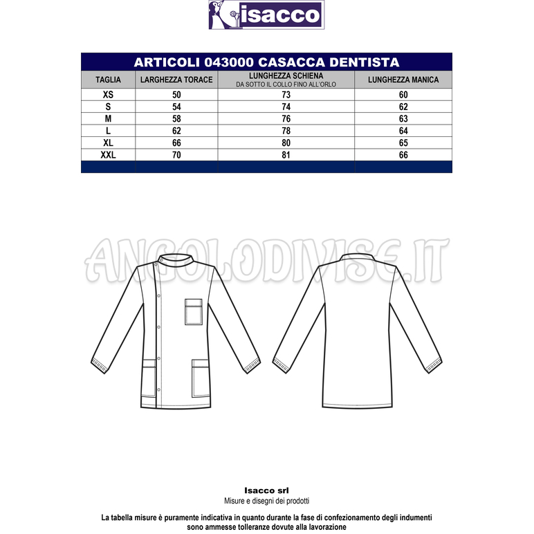 ISACCO CASACCA DENTISTA POLSI IN MAGLIA BIANCO 100 % COTTON