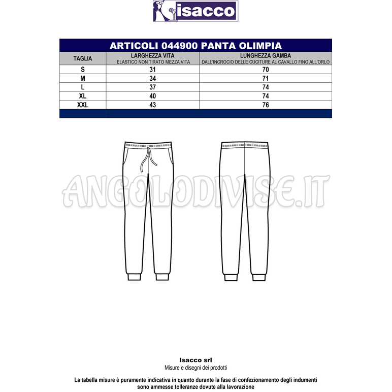 ISACCO PANTA OLIMPIA UNISEX JERSEY BIANCO 97% COTTON  3% SPANDEX