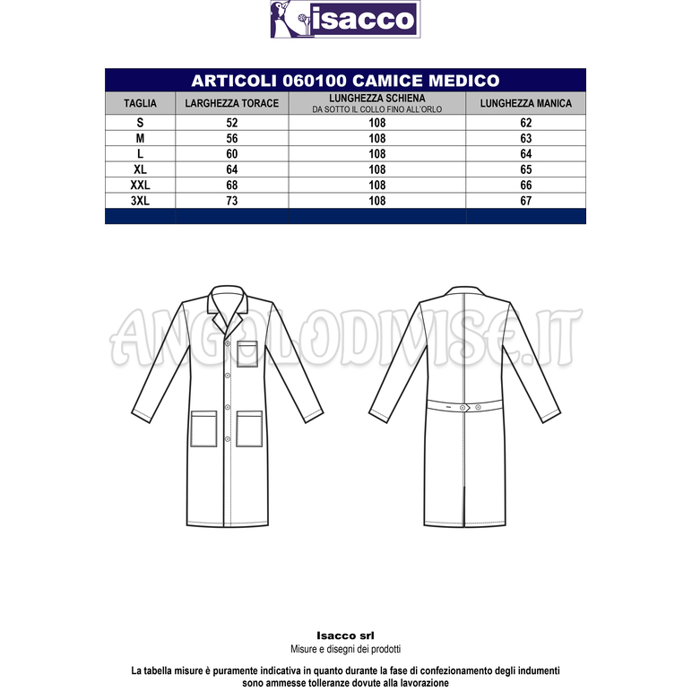 ISACCO CAMICE MEDICO BIANCO CM 110 SATIN BIANCO 100% COTTON  SATIN  NO STIRO