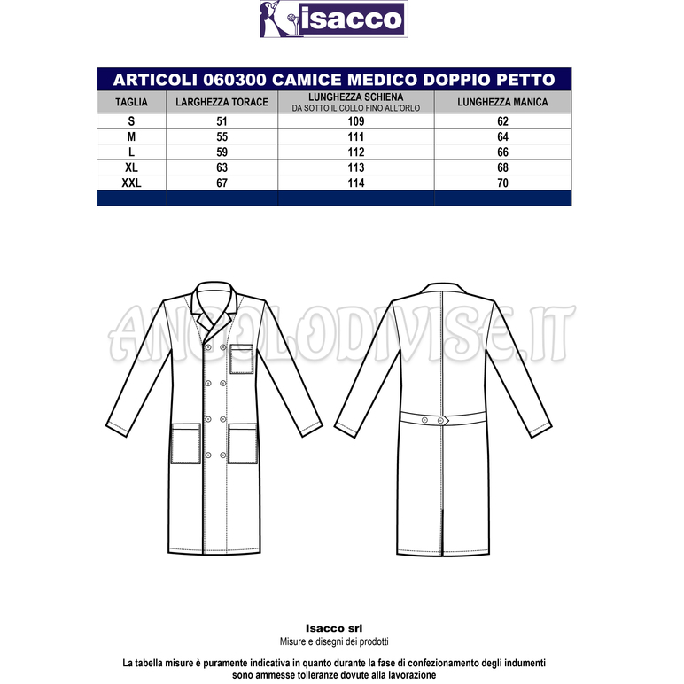 ISACCO CAMICE MEDICO DOPPIO PETTO BIANCO CM 110 100 % COTTON