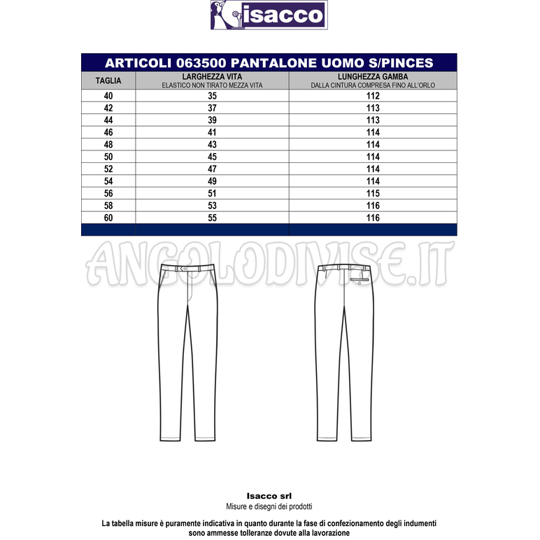 ISACCO PANTALONE UOMO S/PINCES FODER. FRESCO LANA BLU 100% WOOL (LANA)