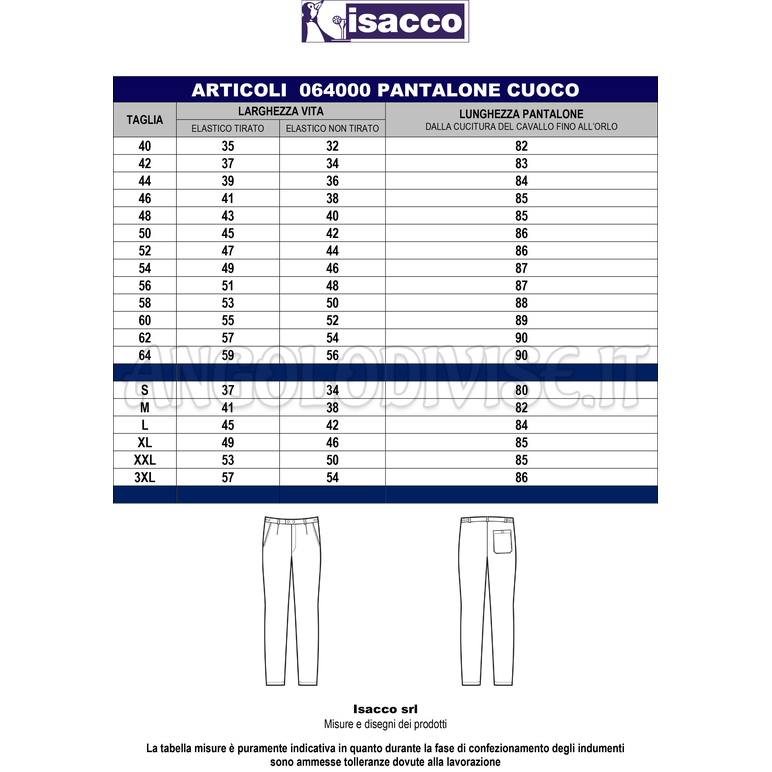 ISACCO PANTALONE CUOCO PIED DE POULE TG 64 100 % COTTON