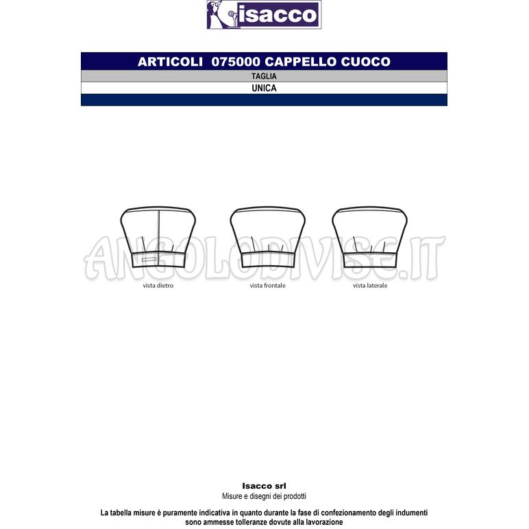 ISACCO CAPPELLO CUOCO BIANCO 100 % COTTON