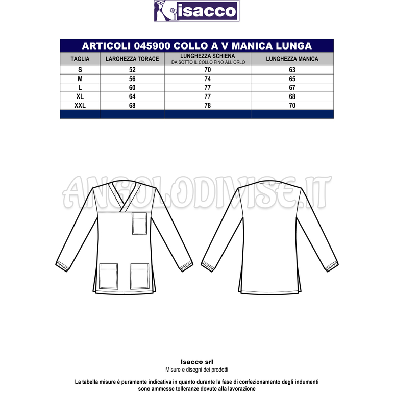 ISACCO CASACCA COLLO A V BLU M/LUNGA UNISEX 100 % COTTON