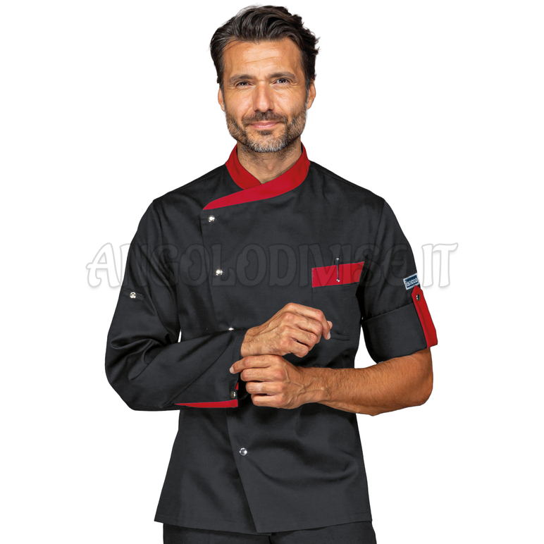 ISACCO GIACCA CUOCO MANHATTAN M/M NERO + ROSSO 65% POLYESTER  35% COTTON