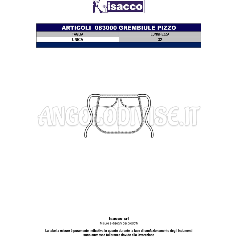 ISACCO GREMBIULE C/PIZZO E TASCHE BIANCO 65% POLYESTER  35% COTTON