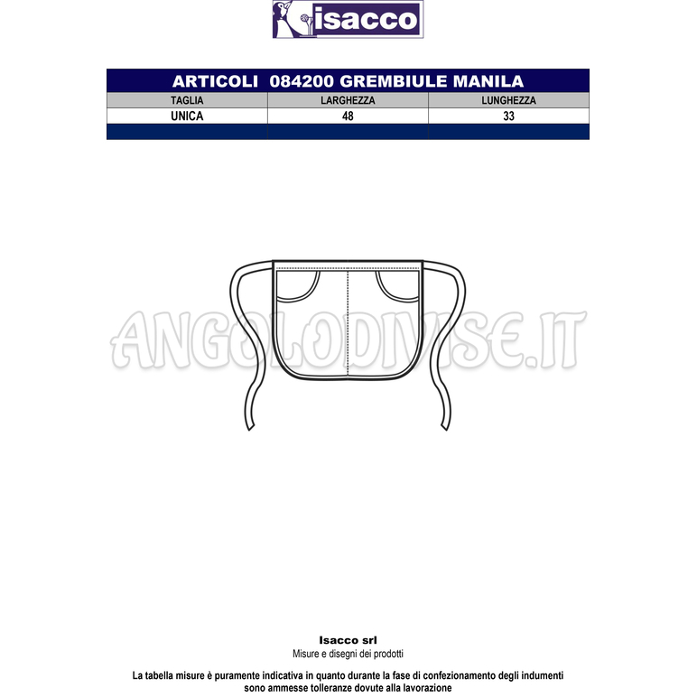 ISACCO GREMBIULE MANILA BISCOTTO 65% POLYESTER  35% COTTON