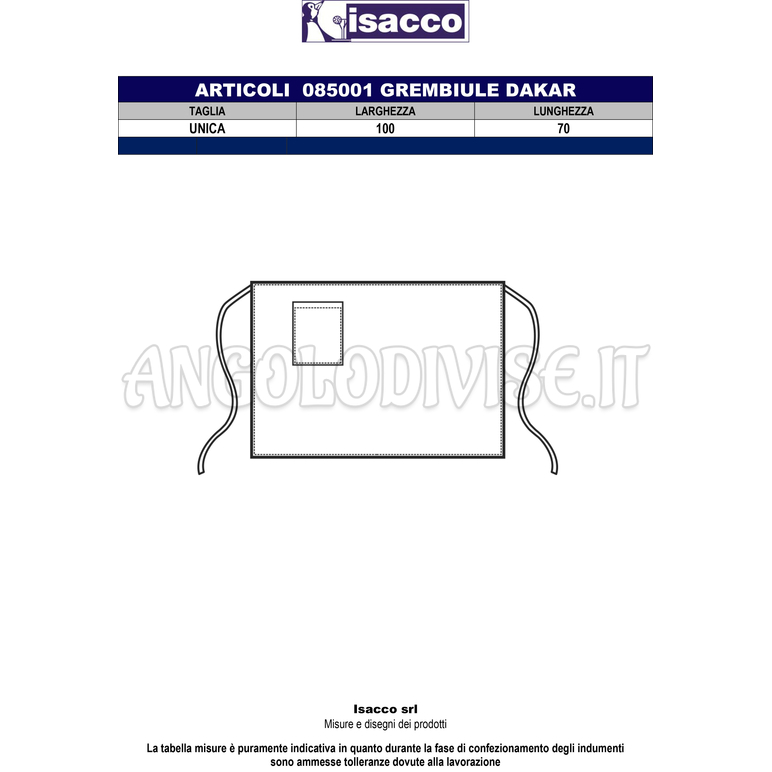 ISACCO GREMBIULE DAKAR CM 100X70 CACAO 65% POLYESTER  35% COTTON