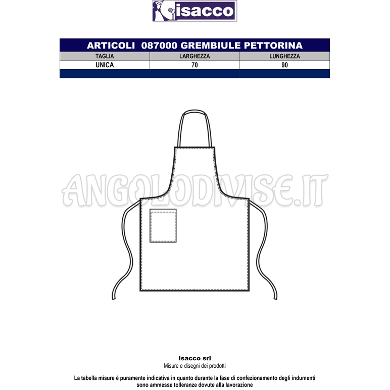 ISACCO GREMBIULE PETTORINA 70X90 BIANCO 100 % COTTON