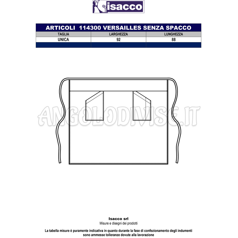 ISACCO GREMBIULE VERSAILLES SENZA SPACCO MORO 100 % POLYESTER